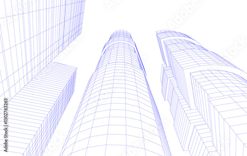 Abstract Architectural Wireframe of Modern Skyscrapers - 3D Perspective View