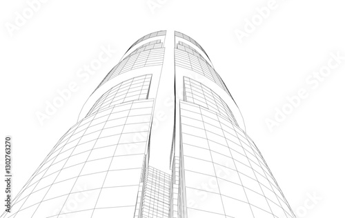 Abstract Architectural Wireframe of Modern Skyscrapers - 3D Perspective View