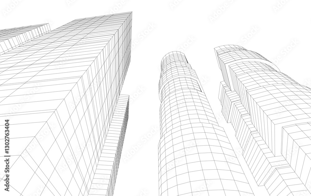 Fototapeta premium Abstract Architectural Wireframe of Modern Skyscrapers - 3D Perspective View