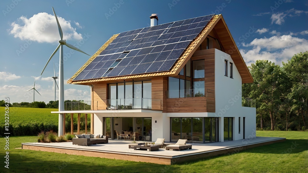 Green energy-efficient house with a wind turbine, solar panels, and a rainwater collection system Green energy-efficient house with a wind turbine, solar panels, and a rainwater collection system