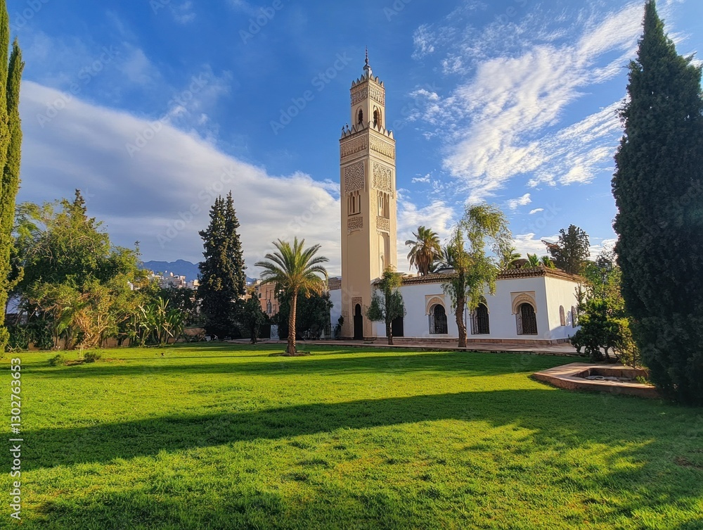 Obraz premium Mosque courtyard with minaret, green lawn, palm trees, and blue sky.