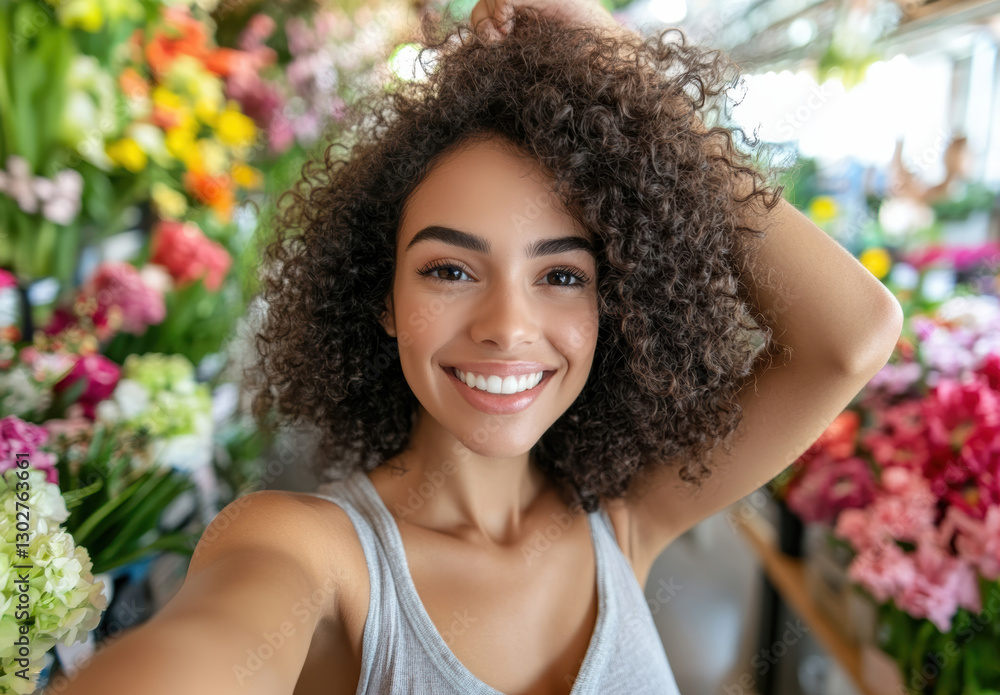Young woman with curly hair smiling in a vibrant flower shop surrounded by colorful blooms and lush greenery Young woman with curly hair smiling in a vibrant flower shop surrounded by colorful blooms and lush greenery