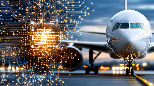 Innovative air travel technology airport runway digital art futuristic wide angle connectivity and progress