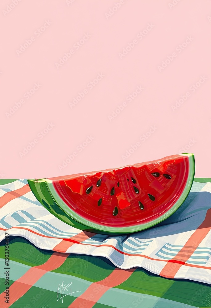 A Watermelon Slice Rests Upon A Striped Picnic Blanket A Watermelon Slice Rests Upon A Striped Picnic Blanket