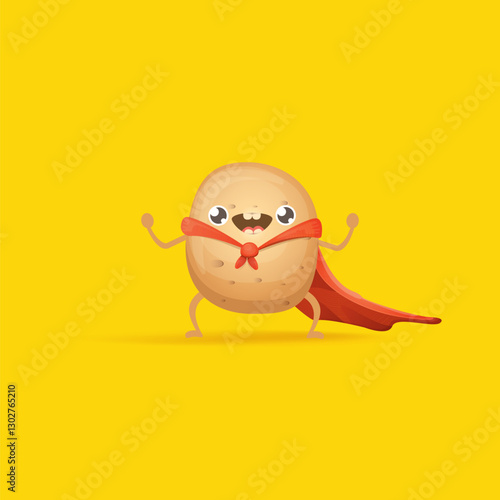 Cartoon potato clip art. vector funny cartoon cute super hero potato with red hero cape isolated on yellow background. Superhero vegetable potato kawaii food funky character