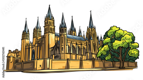 Vector comic hand-drawn illustration of Westminster Abbey. Westminster Abbey in London