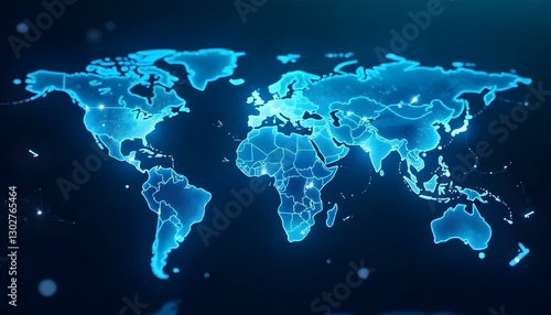 Una ilustración digital de un mapa mundial en un globo con conexiones de red, representada en una paleta de colores azul frío