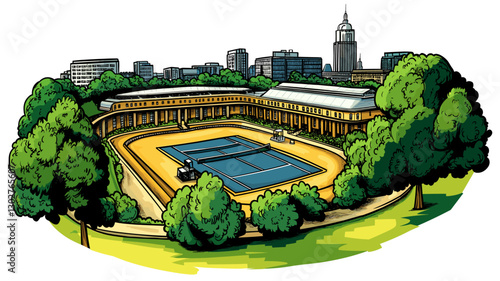Vector comic hand-drawn illustration of Wimbledon Tennis Complex. Wimbledon Tennis Complex in London