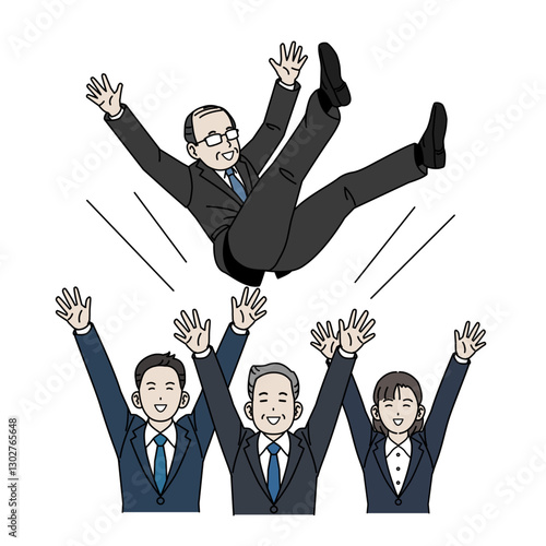 胴上げして祝う会社員のイラスト