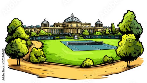 Vector comic hand-drawn illustration of Wimbledon Tennis Complex. Wimbledon Tennis Complex in London