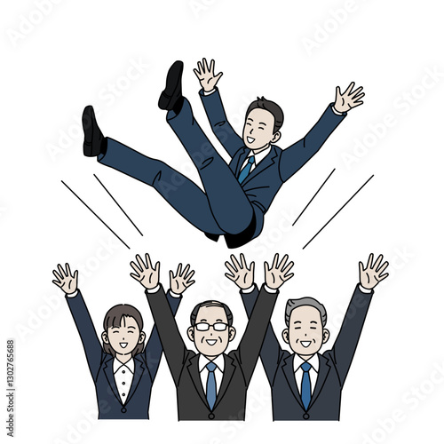 胴上げして祝う会社員のイラスト
