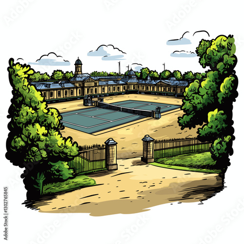 Vector comic hand-drawn illustration of Wimbledon Tennis Complex. Wimbledon Tennis Complex in London