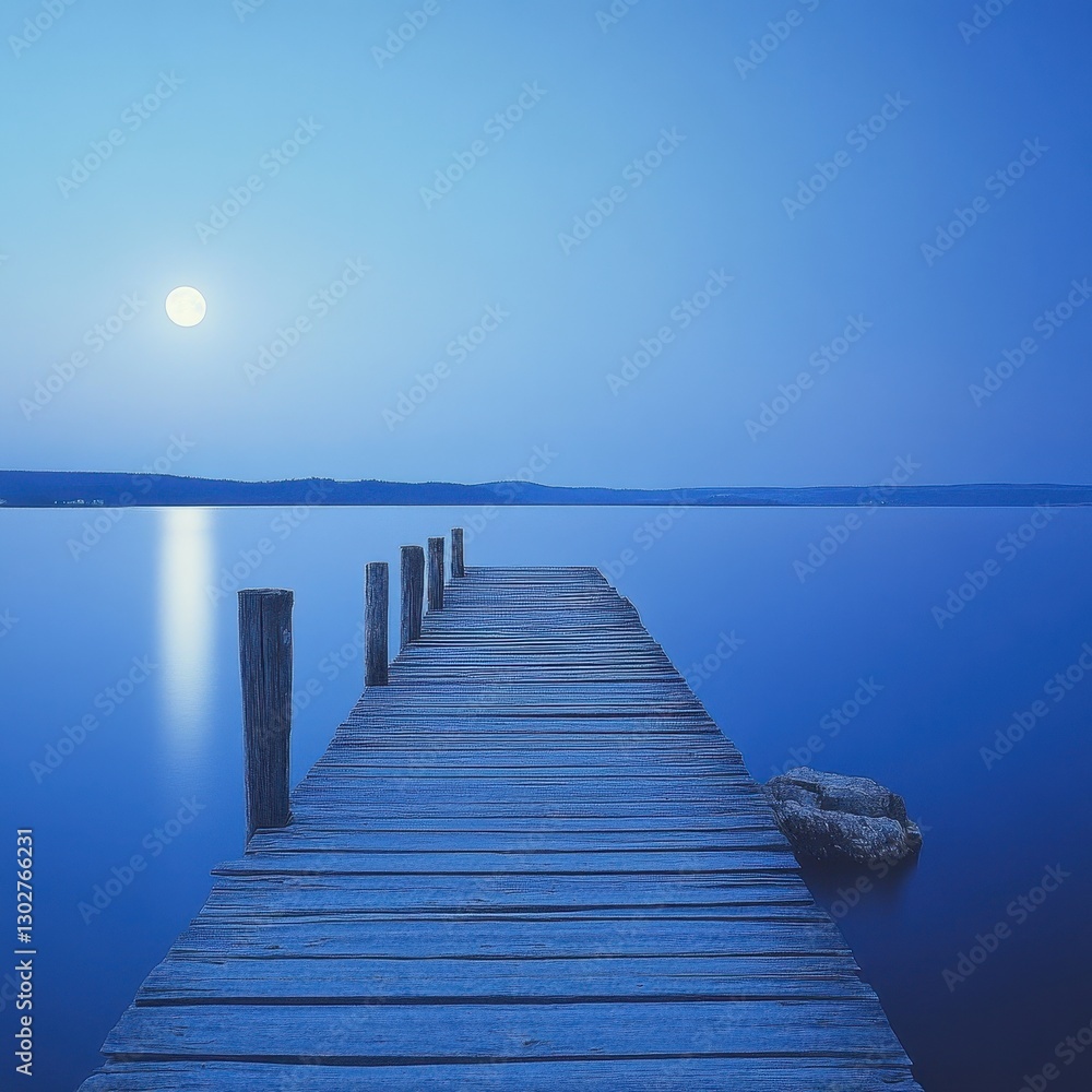 Fototapeta premium A peaceful wooden pier extending into a calm lake, glowing softly under the moonlight ar 16:9 v 6.1 q 2
