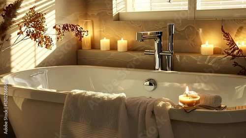 Warm light bathes a serene bathroom with a tub, candles, and plant accents.