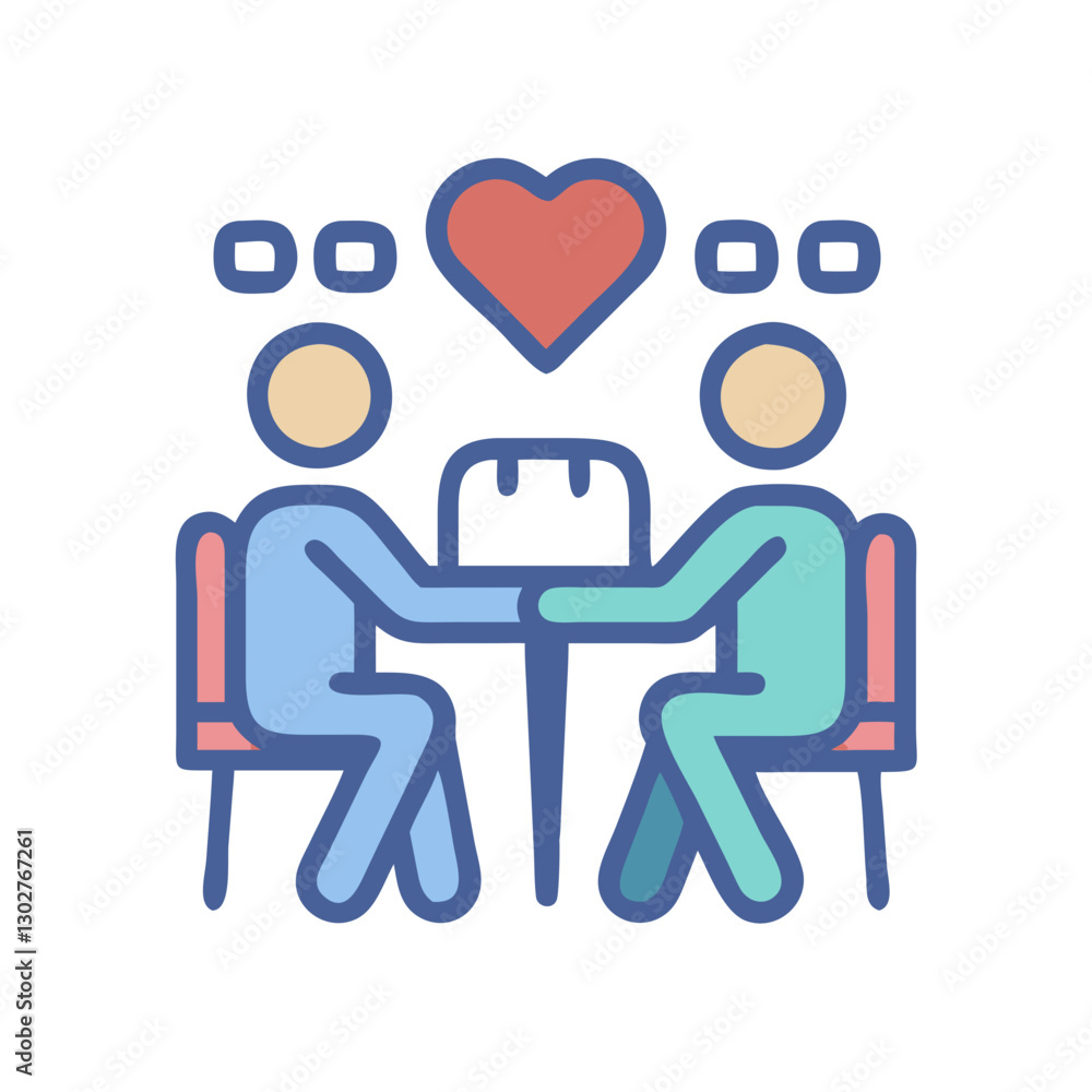 Couple enjoying a romantic dinner date in a cozy setting while sharing affection and connection, captured in a minimalist vector style Couple enjoying a romantic dinner date in a cozy setting while sharing affection and connection, captured in a minimalist vector style