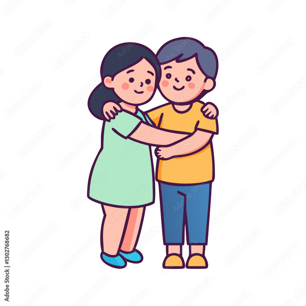 Siblings hug warmly showcasing affection and connection in a simple vector design Siblings hug warmly showcasing affection and connection in a simple vector design