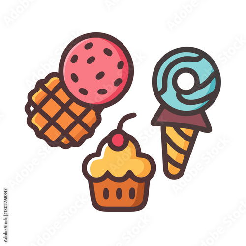 Sweet treats vector icon collection featuring colorful dessert items like ice cream, cookies, and cupcakes for digital design and culinary themes
