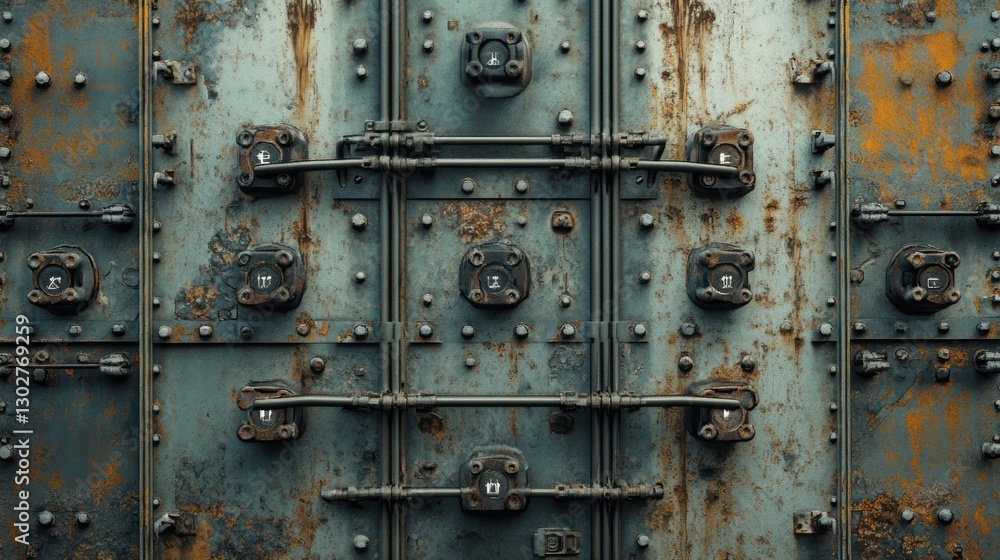 Detailed view of an aged metal door with rust and bolts, showcasing industrial textures and patterns Detailed view of an aged metal door with rust and bolts, showcasing industrial textures and patterns