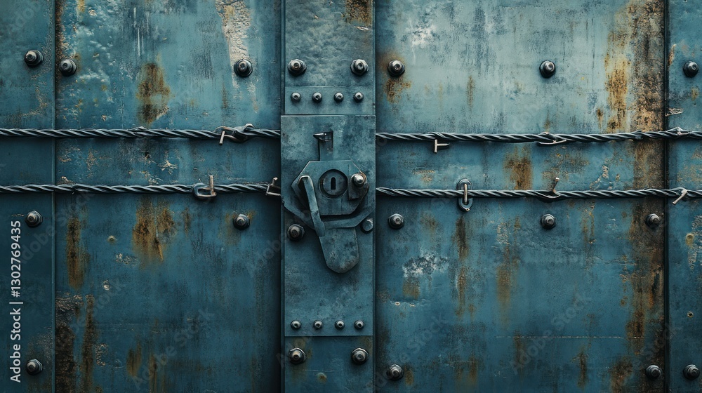 A weathered blue metal door with rust and chains, showcasing industrial strength and age A weathered blue metal door with rust and chains, showcasing industrial strength and age