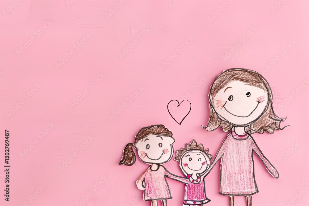 Sharp Picture of Cute Family Concept Drawing on Pink Background Sharp Picture of Cute Family Concept Drawing on Pink Background