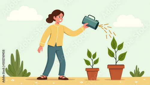 Self-Nurturing Concept: Person Watering Themselves with Can, Promoting Personal Growth and Development