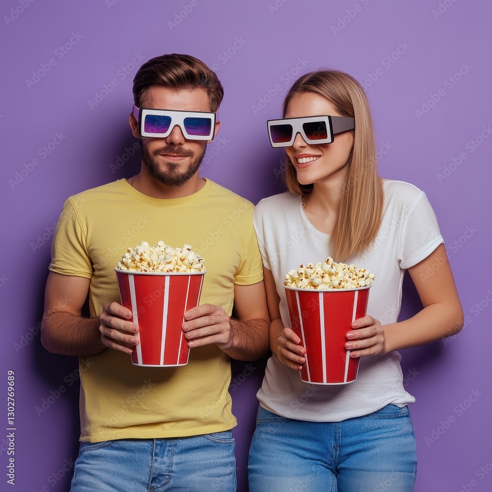 Fototapeta premium Young couple enjoying a fun movie night together with popcorn and soda in 3D glasses against a vibrant violet backdrop. Generative AI