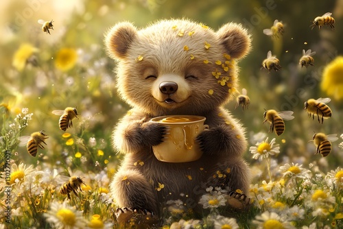 Cute Bear Enjoying Honey in a Flower Field Filled with Bees