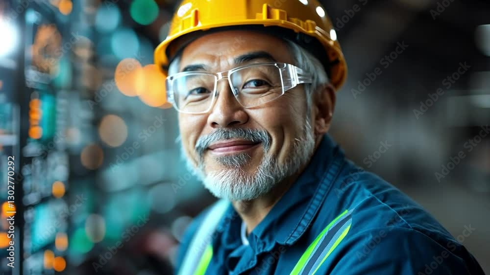 Smiling Senior Worker: An experienced senior worker, sporting a hard hat and safety glasses, exudes confidence as he gazes warmly towards the camera. Smiling Senior Worker: An experienced senior worker, sporting a hard hat and safety glasses, exudes confidence as he gazes warmly towards the camera.