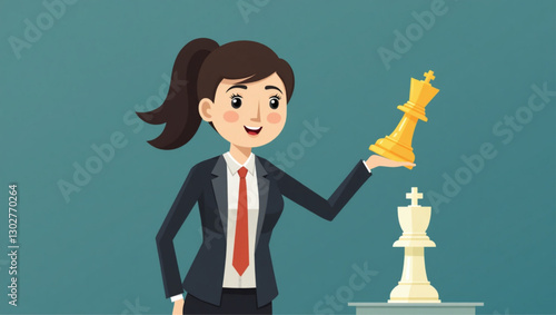 Strategic Businesswoman Holding Chess Piece, Symbolizing Tactical Advantage and Successful Entrepreneurship in Competitive Business Environment