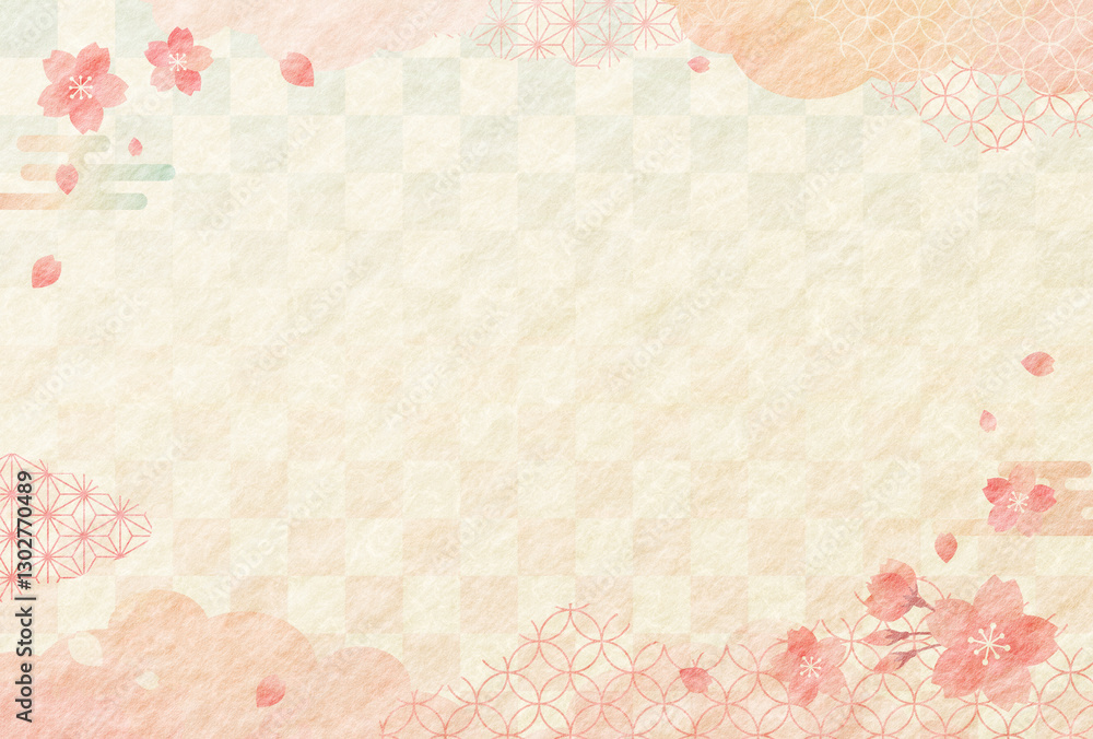春　水彩風 桜と和柄 和紙の背景 市松模様	