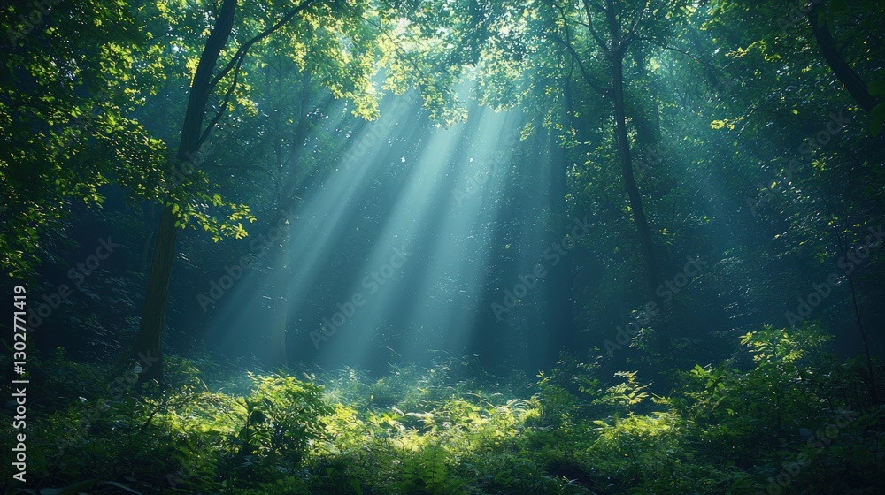 Fototapeta premium Sunbeams piercing through a misty forest.