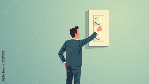 Switching Off Business: Businessman Turning Off Switch, Metaphor for Energy Saving or Bankruptcy and Closure
