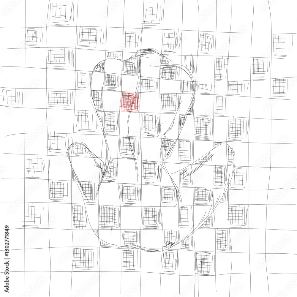 abstract sketch illustration of a sad female figure with a burning heart, depicted on a grid background with a single red square, creating a conceptual and emotional design abstract sketch illustration of a sad female figure with a burning heart, depicted on a grid background with a single red square, creating a conceptual and emotional design