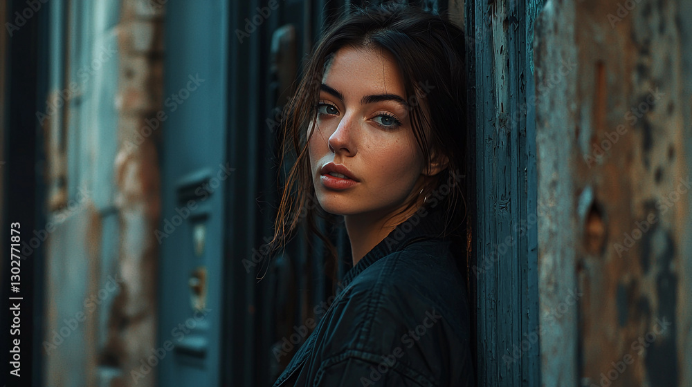Naklejka premium Portrait of a young woman with brown hair leaning against a dark teal doorway in an urban setting
