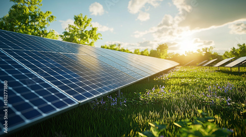 Clean energy solar panels in green field sustainable power renewable energy source sun sky eco blue