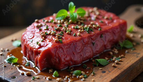 Fresh meat with herbs on wooden cutting board