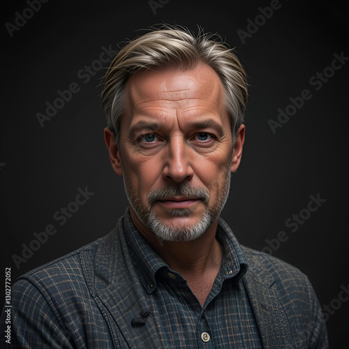 A mature man in his 40s with the first signs of crow's feet stands confidently against a dark background with dramatic lighting, his expression calm photo