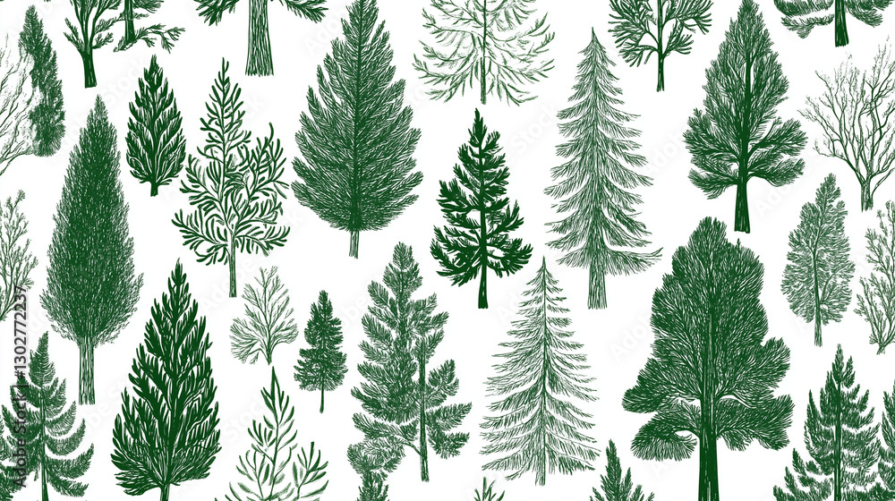 Seamless hand drawn forest pattern. Green and white. Vintage vector illustration. Seamless hand drawn forest pattern. Green and white. Vintage vector illustration.