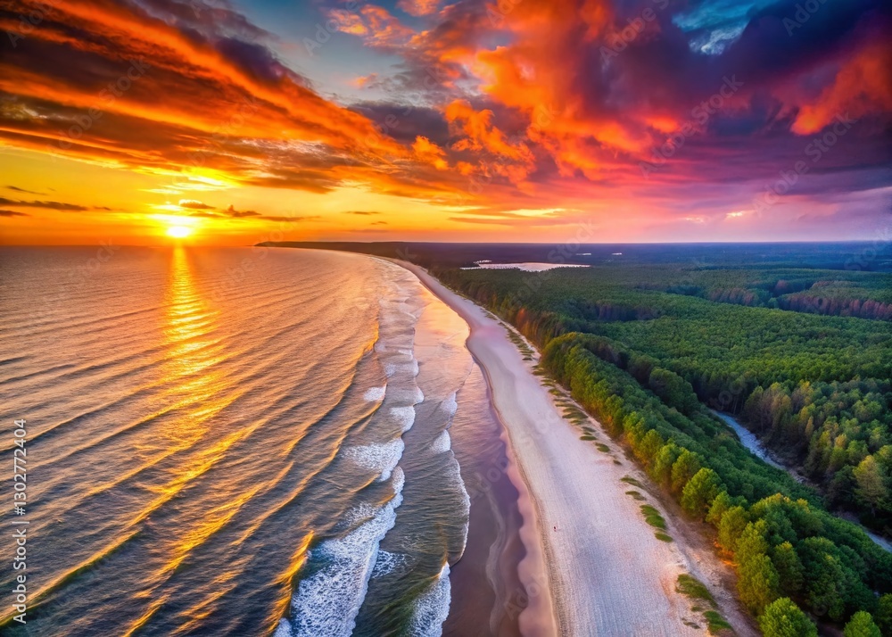 Fototapeta premium Stunning Aerial Drone Photography: Hel Peninsula Sunrise & Sunset Beach Scenes, Poland