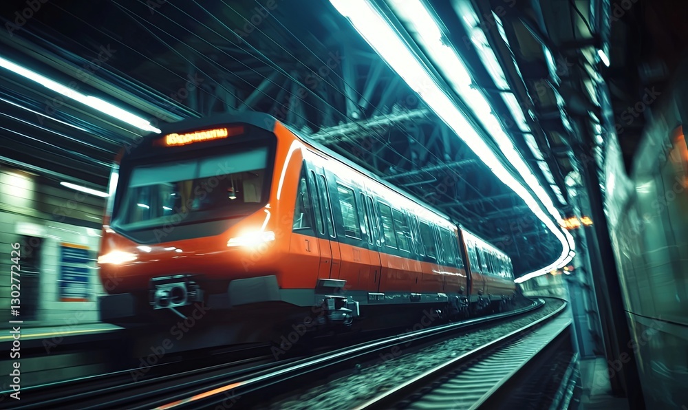 Fototapeta premium Fast train arriving at night station platform with motion blur, ideal for travel projects