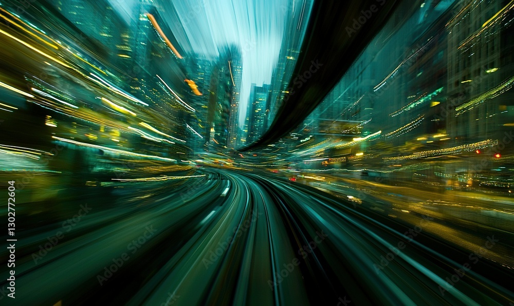 Fast train moving through city at night with blurred lights, ideal for travel or technology projects Fast train moving through city at night with blurred lights, ideal for travel or technology projects