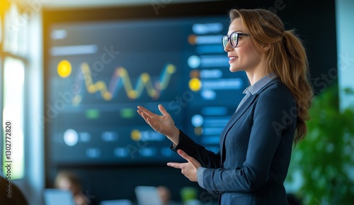 A confident businesswoman presents data insights in a modern office setting