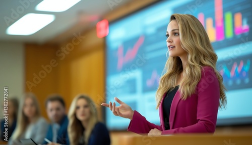 A confident woman presents business data in a modern conference room, engaging her audience with compelling visuals and statistics. A perfect representation of professionalism.