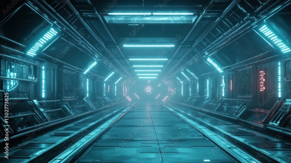 Futuristic corridor illuminated by neon lights, leading to a bright, unknown destination Futuristic corridor illuminated by neon lights, leading to a bright, unknown destination