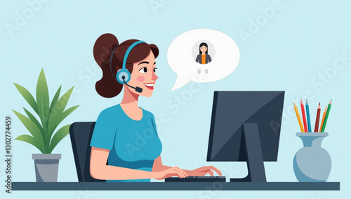 Woman engaging with customer service on computer, receiving technical support and assistance, call center operator helping with client inquiries