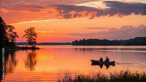 The silhouette of a boat floating on the river against the background of a golden sunset. Active recreation, healthy lifestyle and mental health care, rest in solitude and silence