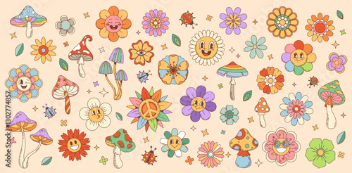 Retro cartoon groovy daisy flowers and mushrooms. Funny summer flowers vector characters with happy faces, hippie peace symbols and sunglasses, psychedelic rainbow color mushrooms and funky ladybugs