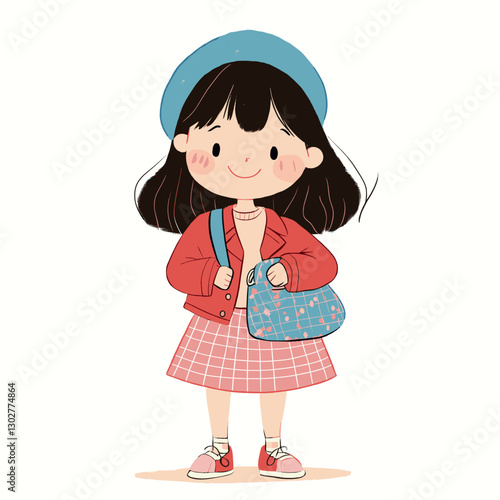 A cute illustration of an Asian girl wearing a red short jacket and a pink checkered skirt, holding a handbag with small patterns on it, a blue beret on her head,