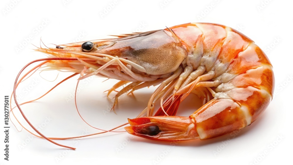 Low-light photography highlights a single, fresh shrimp against a pristine white backdrop. Low-light photography highlights a single, fresh shrimp against a pristine white backdrop.