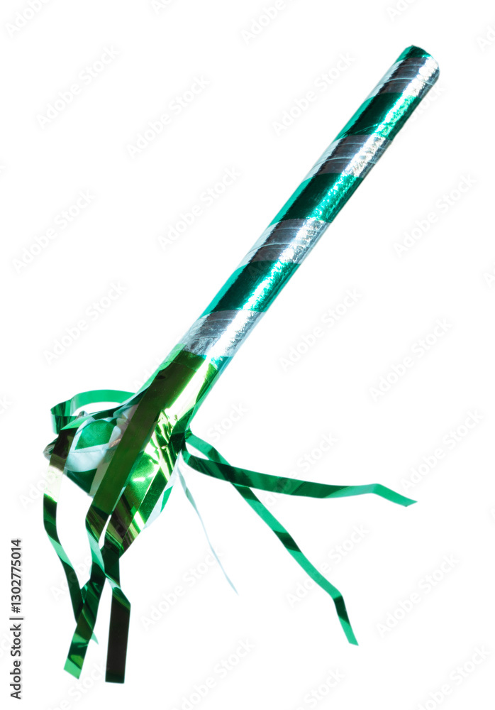 Silver and green noisemaker angled down from above